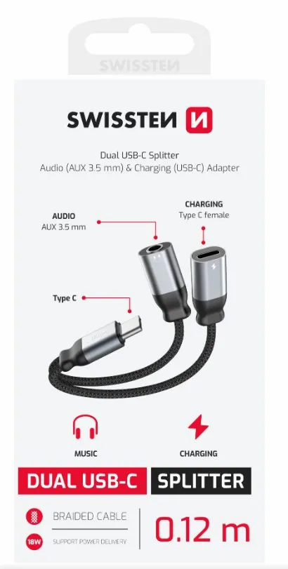 SWISSTEN NABÍJECÍ AUDIO ADAPTÉR TEXTILE USB-C (samec) / USB-C (samice) a 3,5mm A