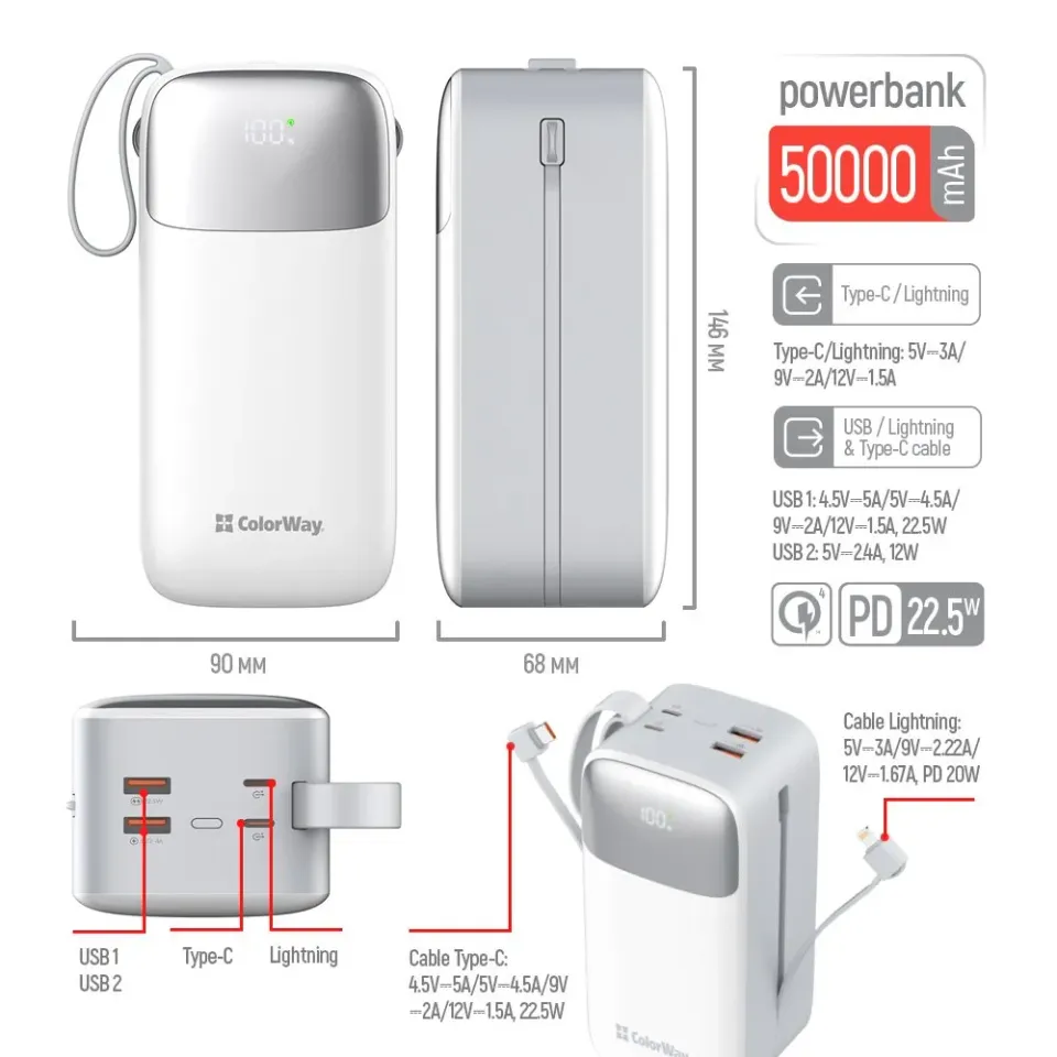 COLORWAY powerbanka/ 50 000mAh/ 1x USB QC3.0/ USB-C/ Lightning/ 22,5W/ Bílá