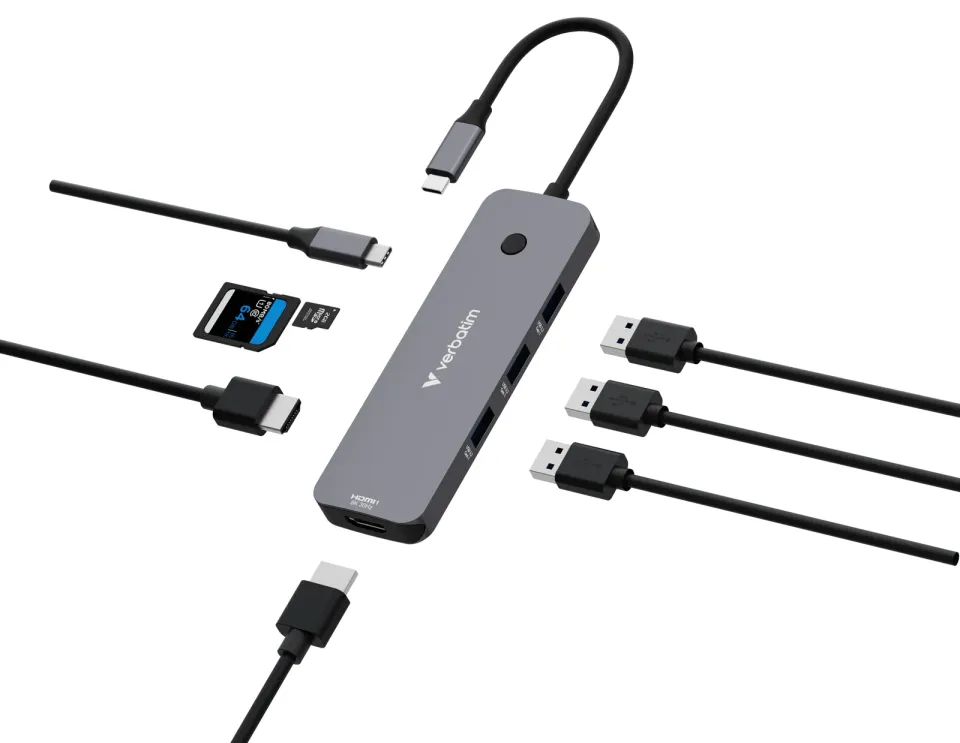 VERBATIM Hub USB-C Pro Multiport 8 Port, 3x USB 3.2, 1x USB-C, 2xHDMI, microSD/SD, šedá