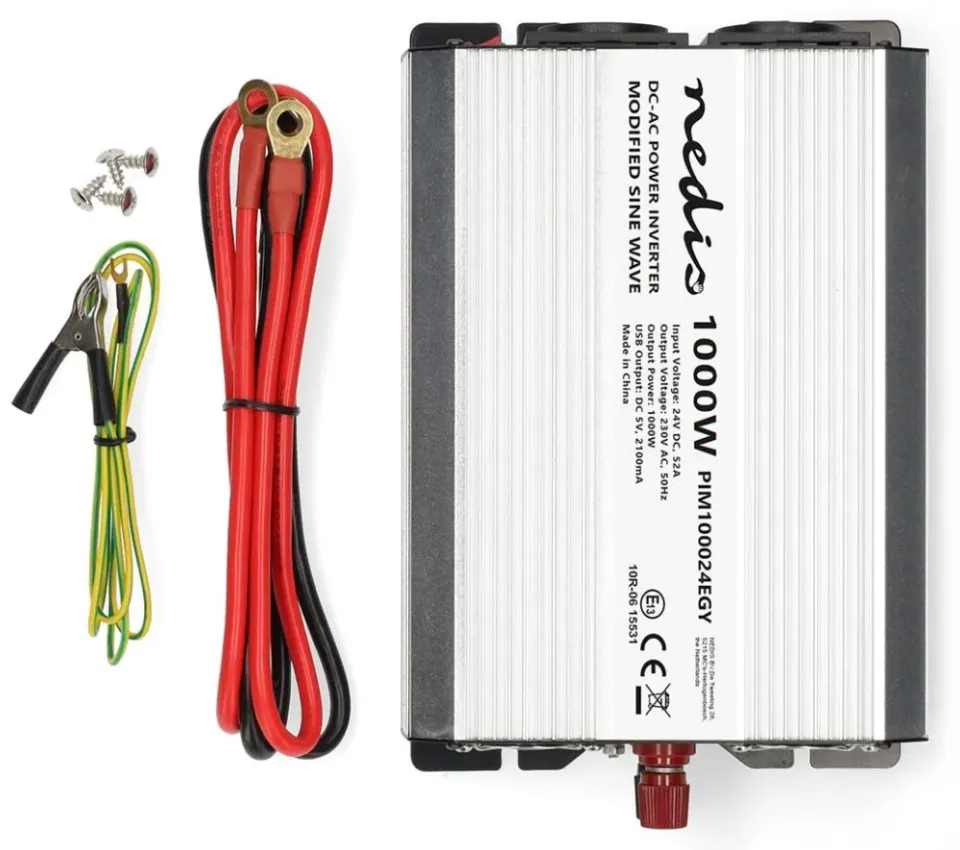 NEDIS měnič napětí/ modifikovaná sinusoida/ 24 V DC/230 V AC 50 Hz/ 1000 W (2000 W špička)/ USB-A/ 2x zásuvka type E