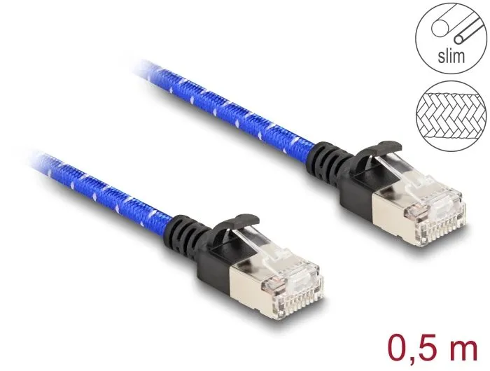Delock Síťový kabel RJ45 s opleteným pláštěm, Cat. 6A, U/FTP Slim, 0,5 m, modrý