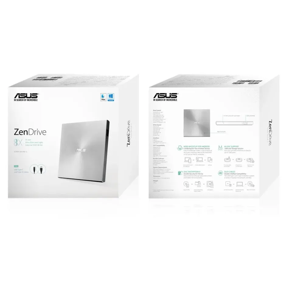 ASUS DVD ZenDrive SDRW-08U9M-U SILVER, External Slim DVD-RW, USB Type-C/Type-A, M-DISC