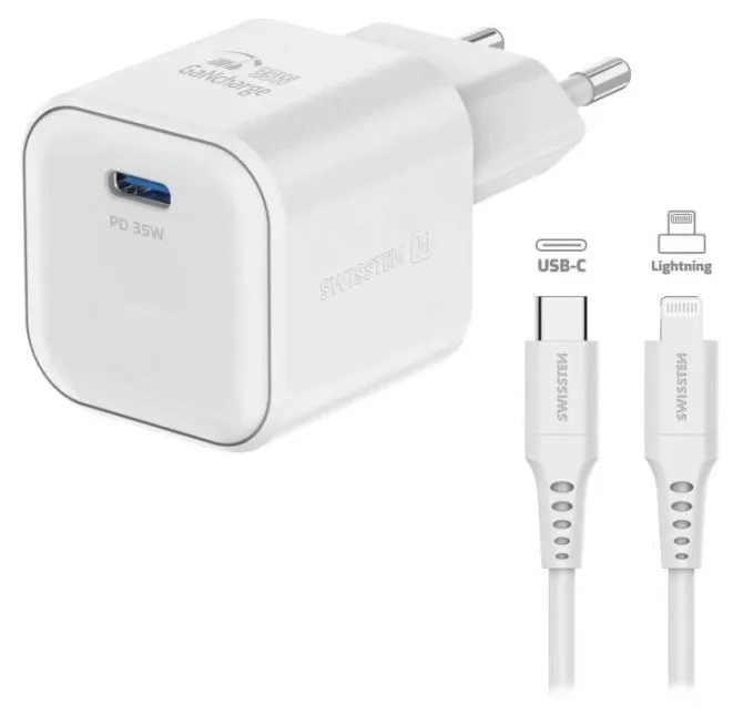 Swissten síťový adaptér gan 1x usb-c 35w power delivery bílý + datový kabel usb-c/lightning 1,2 m bílý