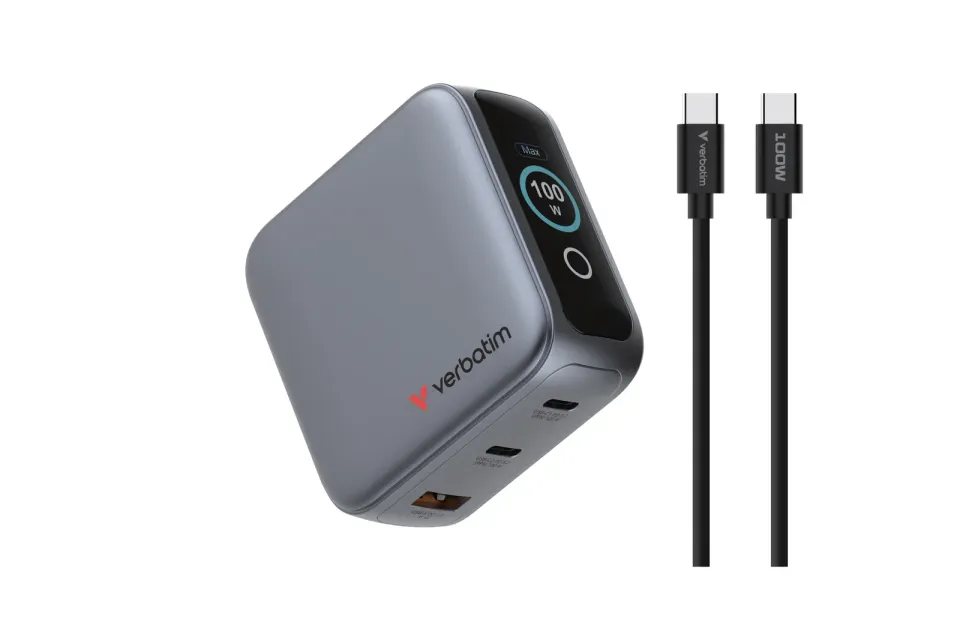VERBATIM Mini GaN Nabíječka s displejem 100W, 2xUSB-C, 1xUSB-A, šedá