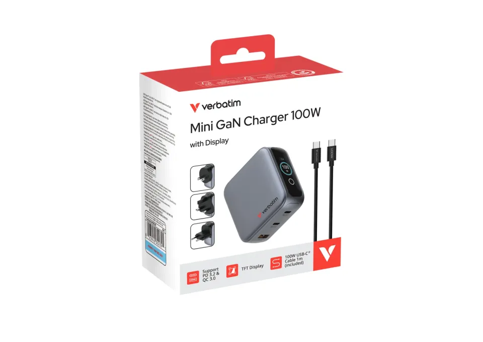 VERBATIM Mini GaN Nabíječka s displejem 100W, 2xUSB-C, 1xUSB-A, šedá