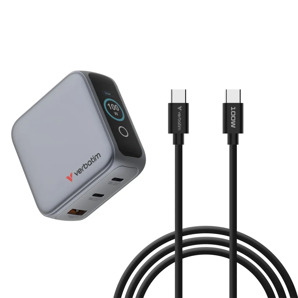 VERBATIM Mini GaN Nabíječka s displejem 100W, 2xUSB-C, 1xUSB-A, šedá