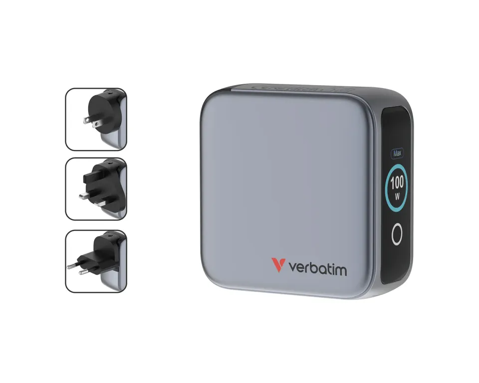 VERBATIM Mini GaN Nabíječka s displejem 100W, 2xUSB-C, 1xUSB-A, šedá