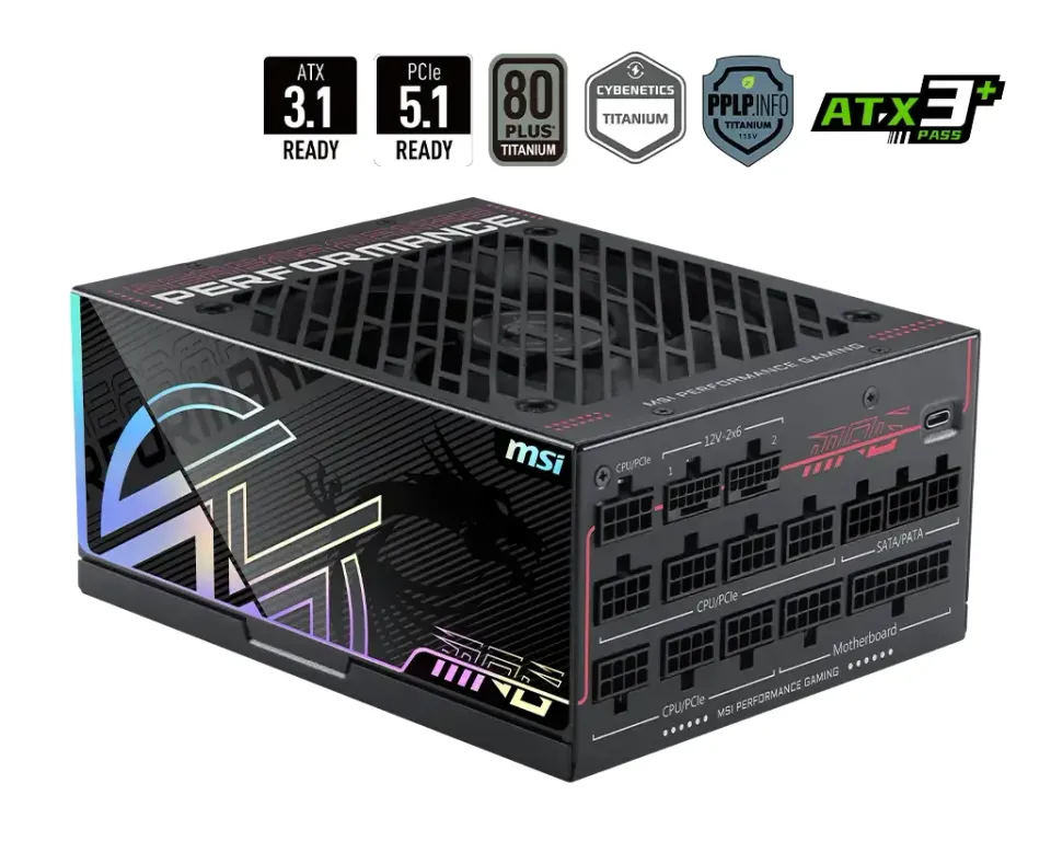 MSI zdroj MPG Ai1300TS PCIE5/ 1300W/ ATX3.1/ akt. PFC/ 12 let záruka/ 135mm ventilátor/ modulární/ 80PLUS Titanium
