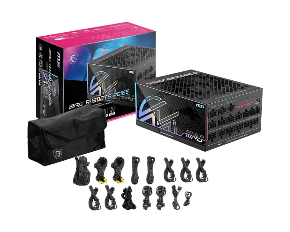 MSI zdroj MPG Ai1300TS PCIE5/ 1300W/ ATX3.1/ akt. PFC/ 12 let záruka/ 135mm ventilátor/ modulární/ 80PLUS Titanium