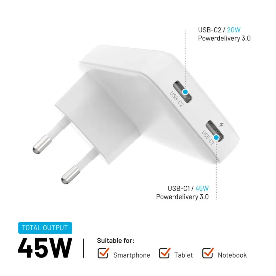GaN nabíječka FIXED Slim, 45W, PD2.0, 2xUSB -C
