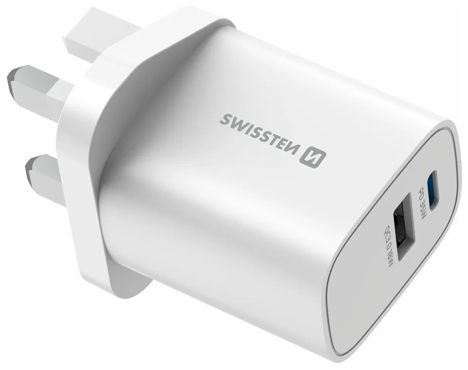 Swissten Síťový Adaptér Edge GaN 1x USB-C PD 35W + 1x USB-A 18W QC, Pro UK Zásuvku Bílý