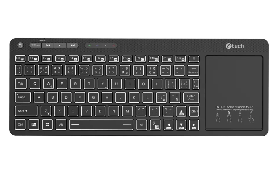 C-TECH klávesnice WLTK-03, Dual mode, BT5.0 + 2,4GHzb, bezdrátová s touchpadem,