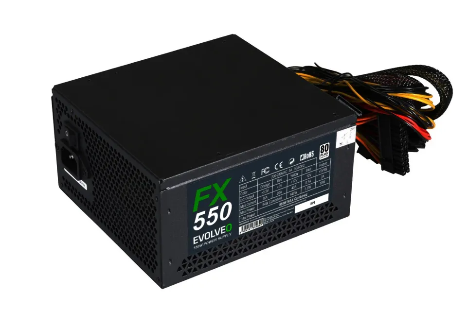 EVOLVEO FX 550, zdroj 550W, 80+ White, ATX 2.2, 1× PCIe, aPFC, tichý 140mm venti