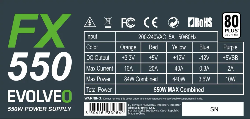 EVOLVEO FX 550, zdroj 550W, 80+ White, ATX 2.2, 1× PCIe, aPFC, tichý 140mm venti