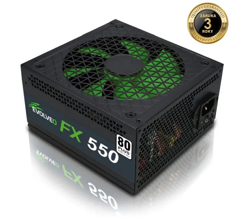 EVOLVEO FX 550, zdroj 550W, 80+ White, ATX 2.2, 1× PCIe, aPFC, tichý 140mm venti