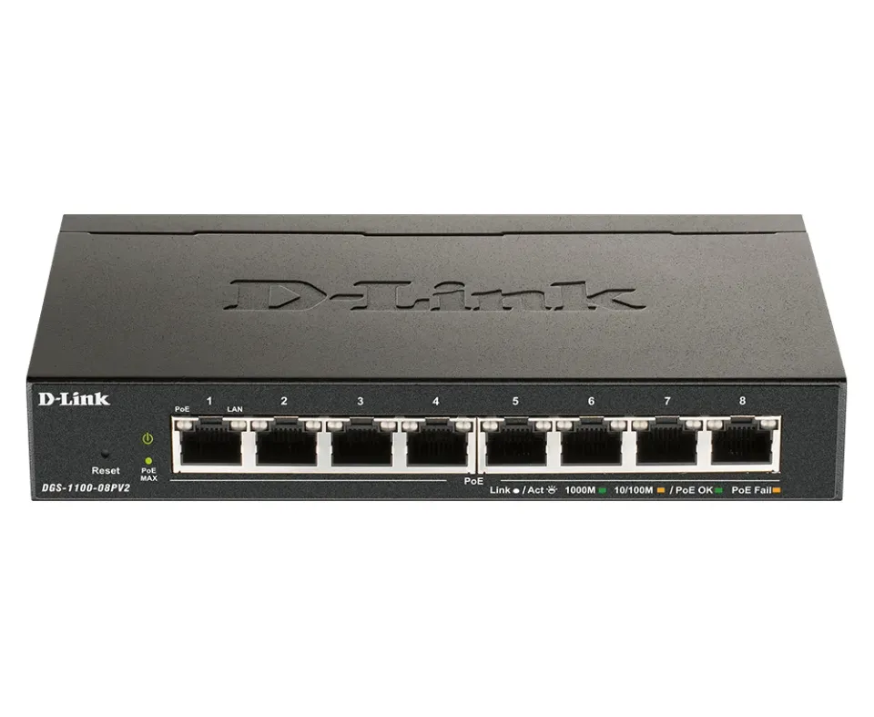 D-Link DGS-1100-08PV2 8-port Gigabit Smart Managed PoE switch, PoE budget 64W, fanless