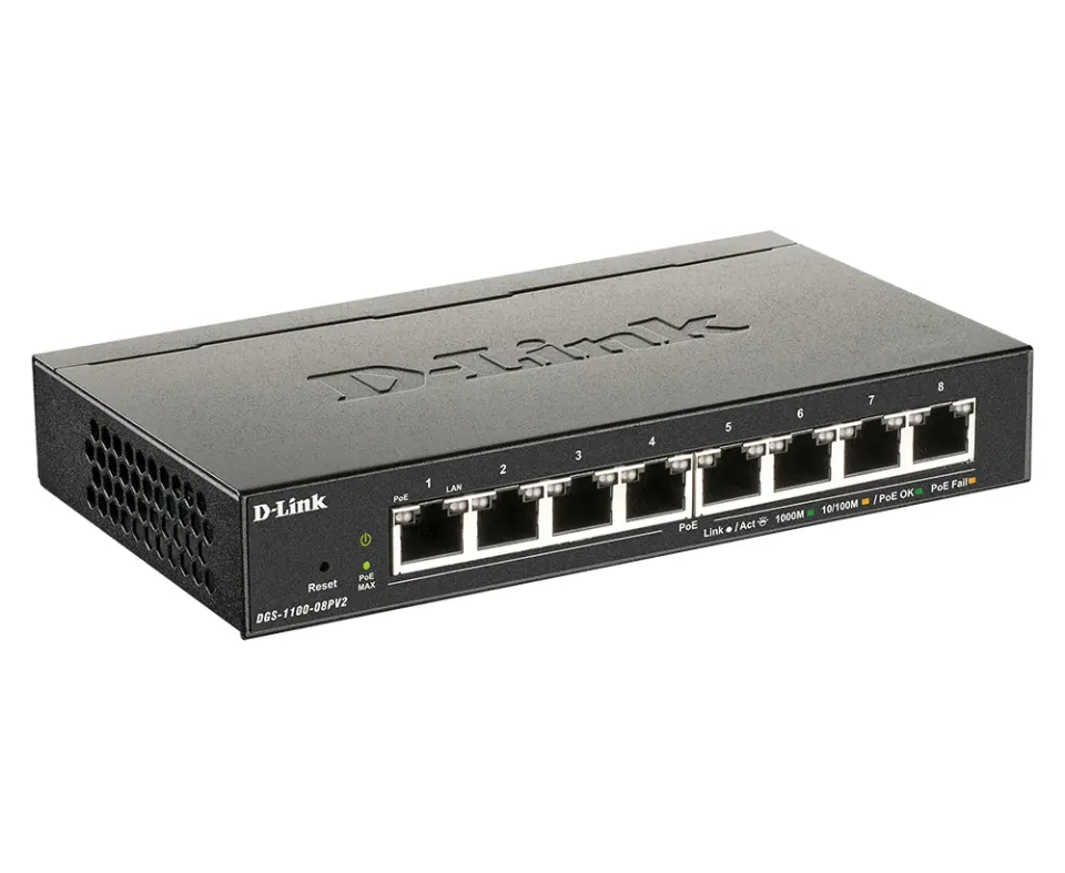 D-Link DGS-1100-08PV2 8-port Gigabit Smart Managed PoE switch, PoE budget 64W, fanless