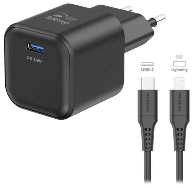 Swissten síťový adaptér gan 1x usb-c 35w power delivery černý + datový kabel usb-c/lightning 1,2 m černý