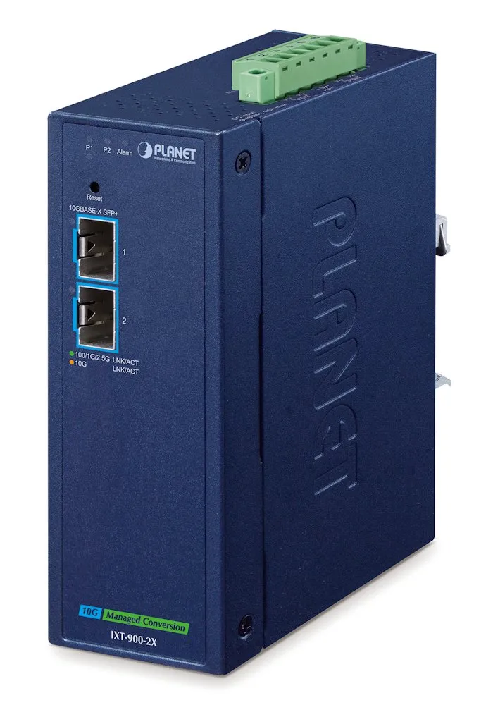Planet IXT-900-2X průmyslový konvertor, 2x 10G/2.5G/1G/100BASE-X SFP+, -45~75°C, DIN, SNMP