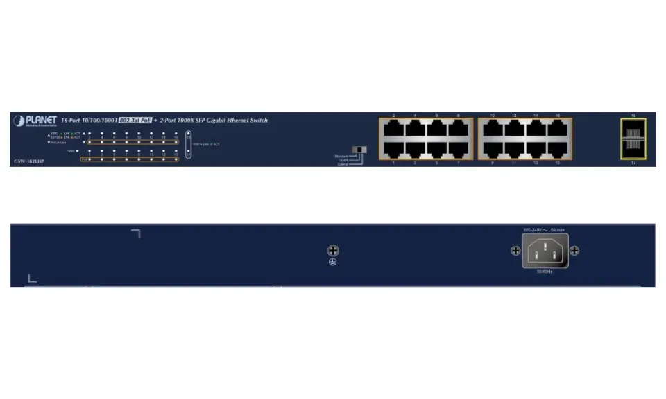 Planet GSW-1820HP PoE switch, 16x1Gb + 2x SFP 1Gb, PoE 802.3at 30/240W, VLAN, extend mód 10Mb-250m, 802.3az