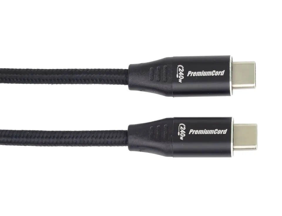 PREMIUMCORD Kabel USB-C M/M, 240W 480Mbps černý bavlněný oplet, 1m