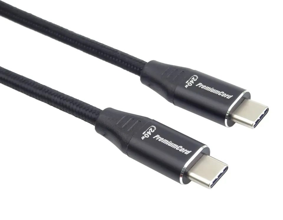PREMIUMCORD Kabel USB-C M/M, 240W 480Mbps černý bavlněný oplet, 1m