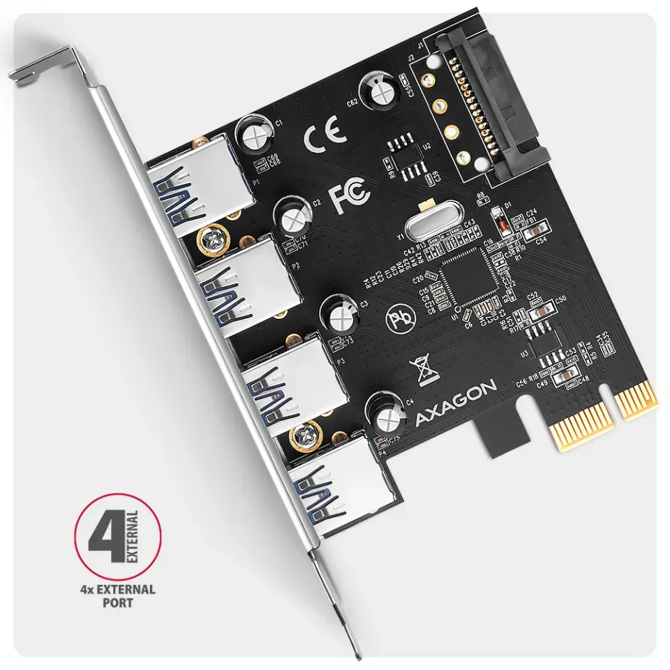 AXAGON PCEU-430RS, PCIe řadič, 4x USB 5Gbps port, SATA napájení, Renesas PD72020
