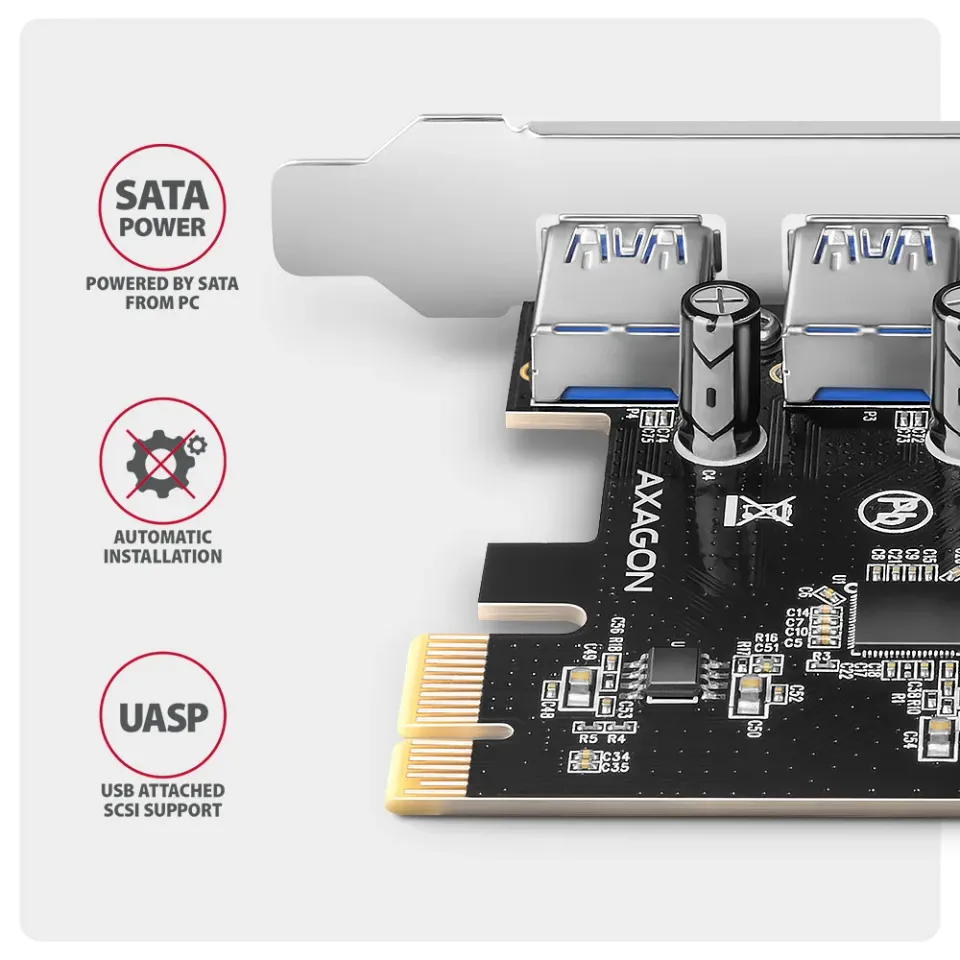 AXAGON PCEU-430RS, PCIe řadič, 4x USB 5Gbps port, SATA napájení, Renesas PD72020