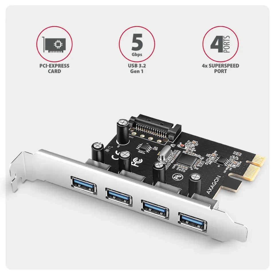AXAGON PCEU-430RS, PCIe řadič, 4x USB 5Gbps port, SATA napájení, Renesas PD72020