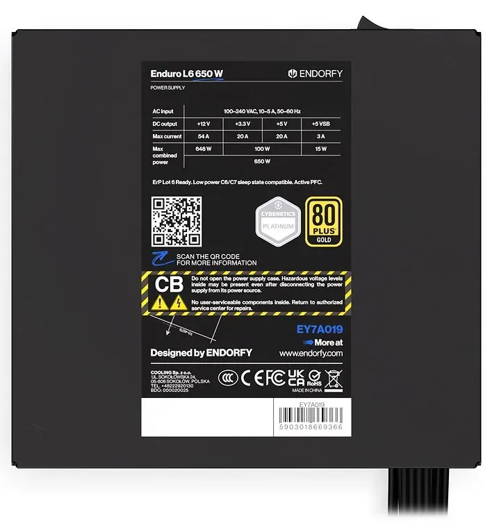 Endorfy Enduro L6 650W, Zdroj, ATX 3.1, 650W, aktivní PFC, 120mm ventilátor, PCI