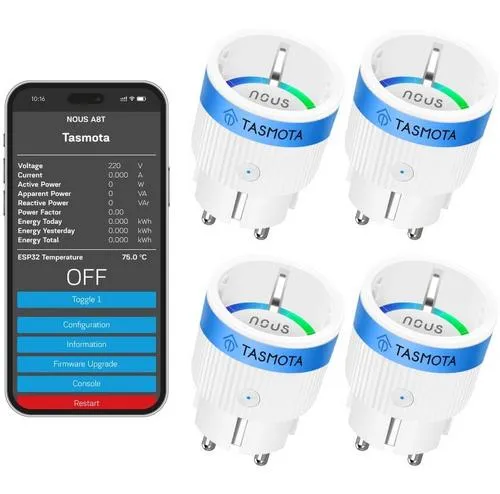 NOUS A8T (4 kusy) smart plug, chytrá zásuvka DE/Schuko (bez kolíku), WiFi 10A, s měřením, kompatibilní s Tasmota