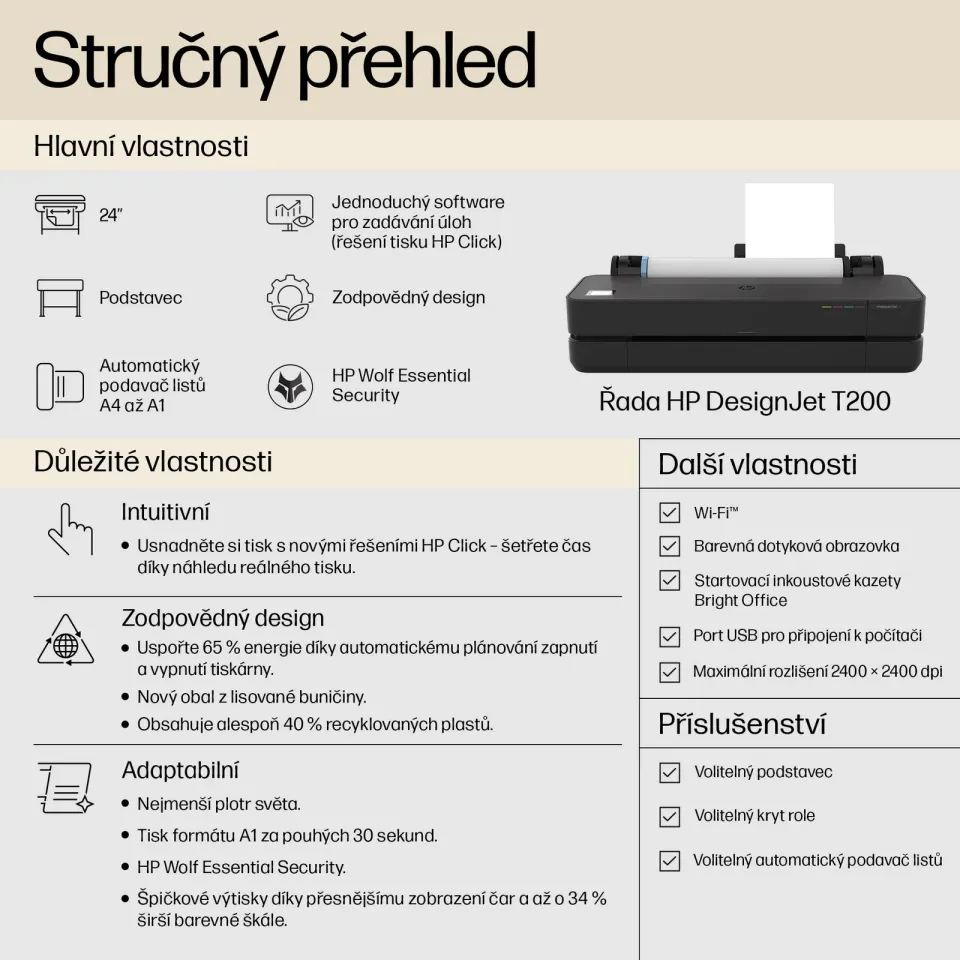 HP DesignJet T250 24" (A1+, 30s A1, USB 2.0, Ethernet, Wi-Fi) - bez stojanu