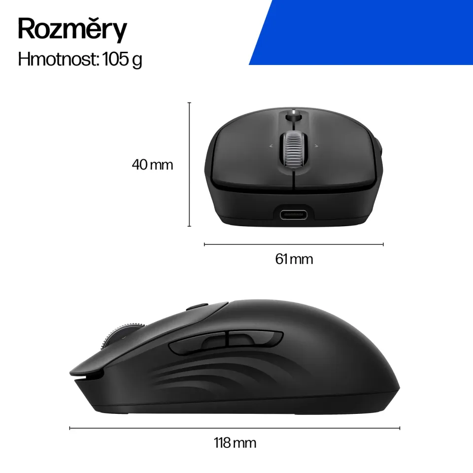 HP Bezdrátová myš HP 705 Rechargeable Mouse, USB, Bluetooth, 6000 dpi, černá, plné nabití za 3min.