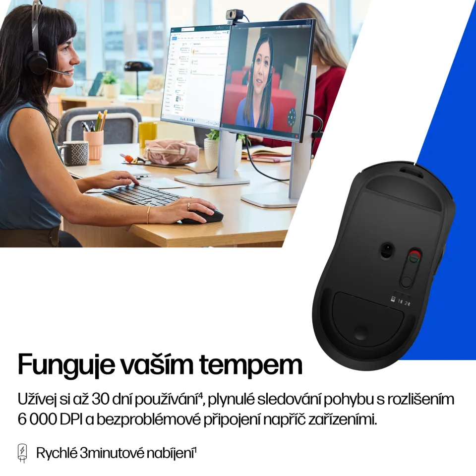 HP Bezdrátová myš HP 705 Rechargeable Mouse, USB, Bluetooth, 6000 dpi, černá, plné nabití za 3min.