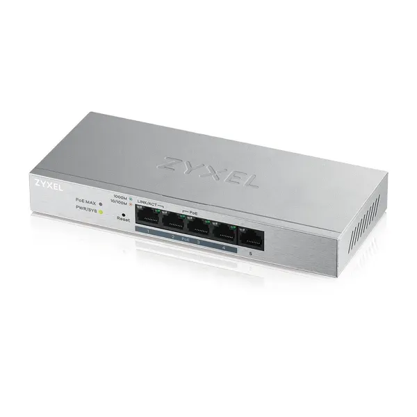 Zyxel GS1200-5HPv2 5-port Desktop Gigabit Web Smart PoE switch, 4x PoE+ GbE, PoE 60W, fanless