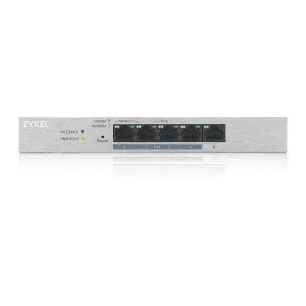 Zyxel GS1200-5HPv2 5-port Desktop Gigabit Web Smart PoE switch, 4x PoE+ GbE, PoE 60W, fanless