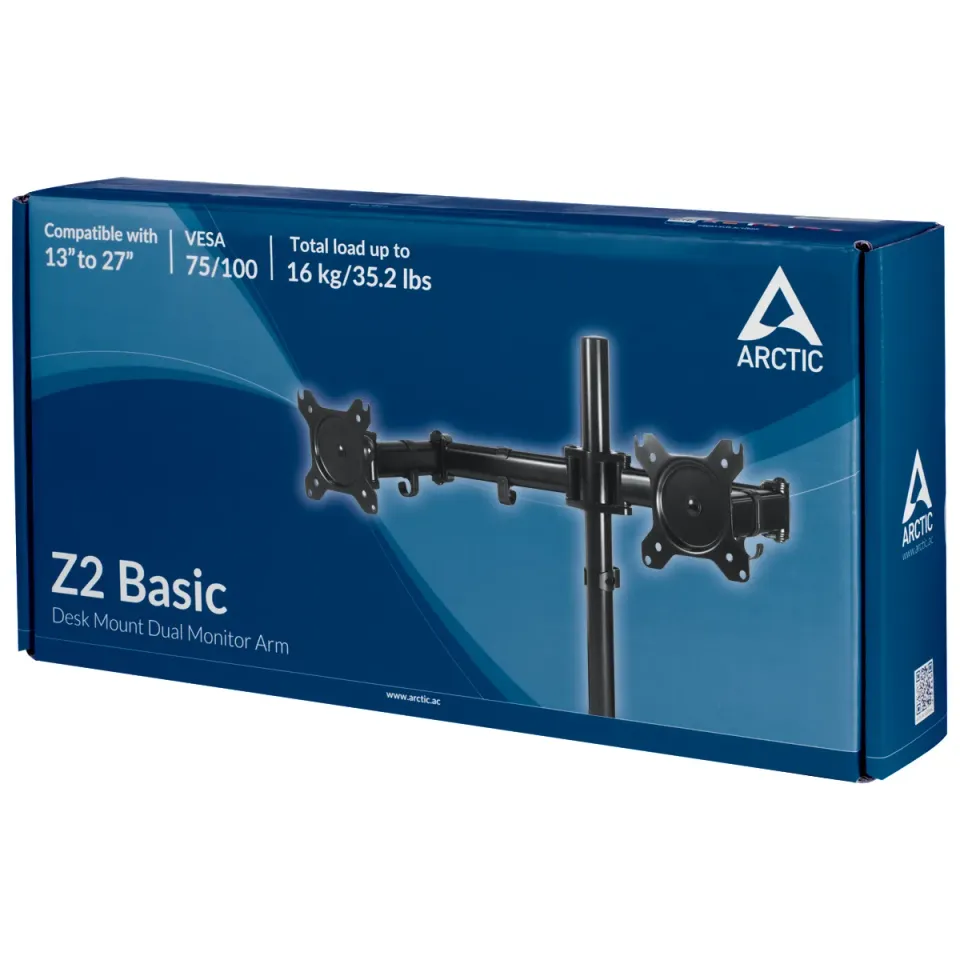 ARCTIC Z2 Basic stolní držák pro 2 monitory, 13"-27" LCD, VESA, 2x 8 kg, černý