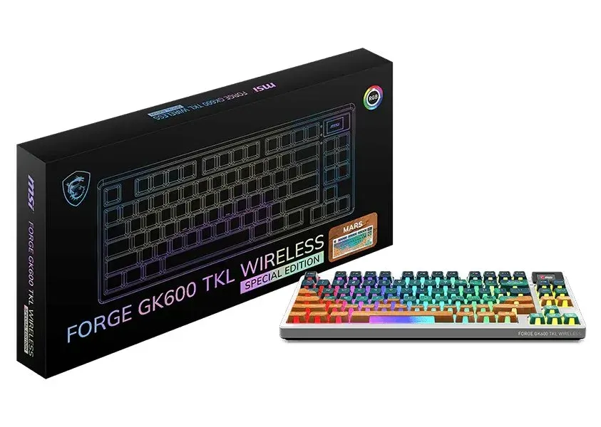MSI herní klávesnice FORGE GK600 TKL Mars/ bezdrátová 2,4GHz+BT/ mechanická/ RGB/ USB-C/ display/ CZ+SK layout