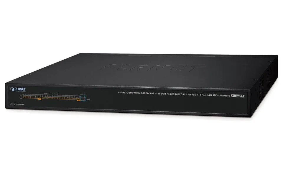 Planet AVS-4210-24HP4X managed AV switch, 24x1Gb, 4x10Gb SFP+, 16x PoE 802.3at + 8x PoE 802.3bt 450W, 0~50°C , QoS