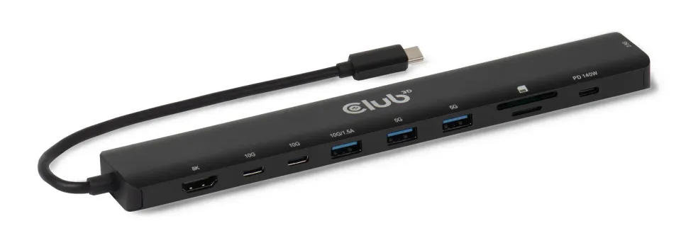 Club3D Dokovací stanice USB-C 10v1, 140W PD, 1xHDMI, 3xUSB-C, 3xUSB, 1xRJ45, černá