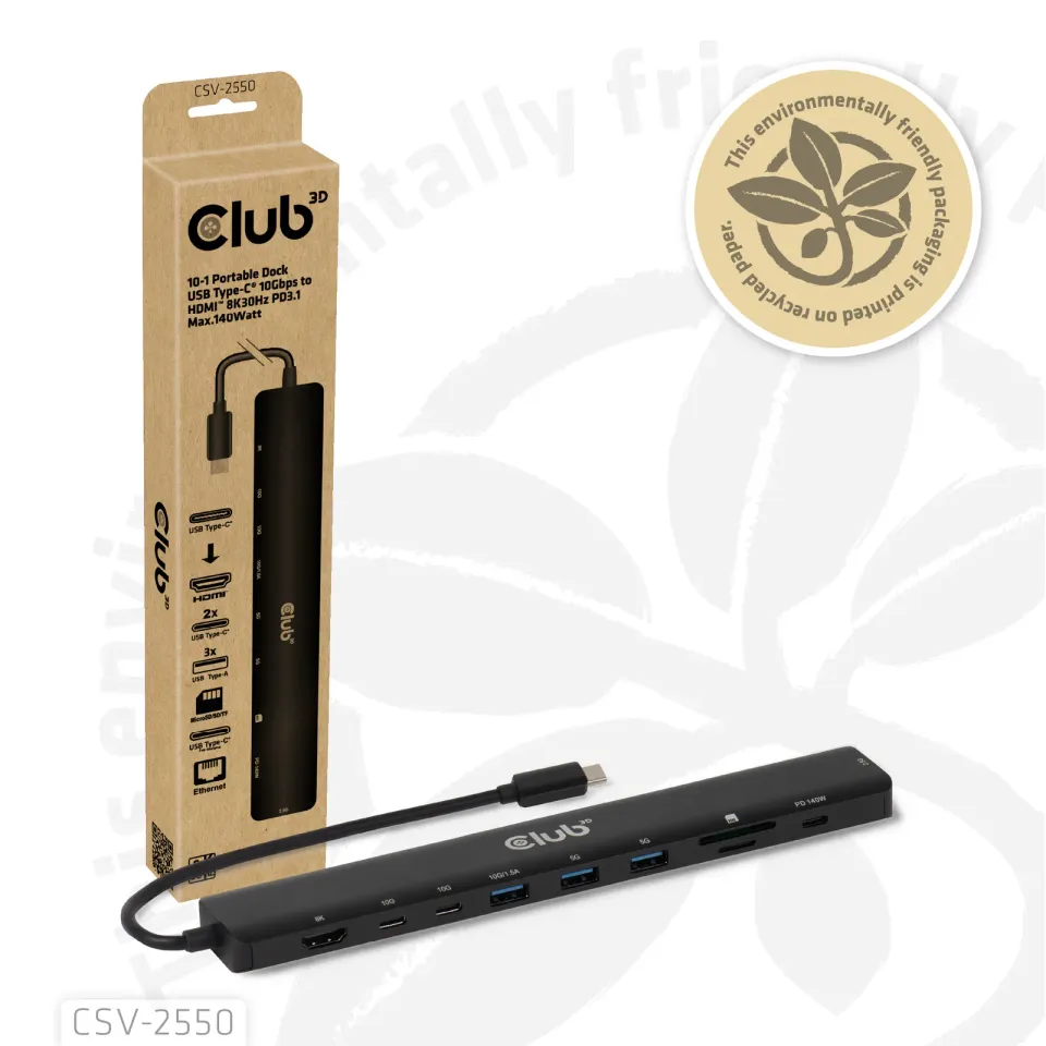 Club3D Dokovací stanice USB-C 10v1, 140W PD, 1xHDMI, 3xUSB-C, 3xUSB, 1xRJ45, černá