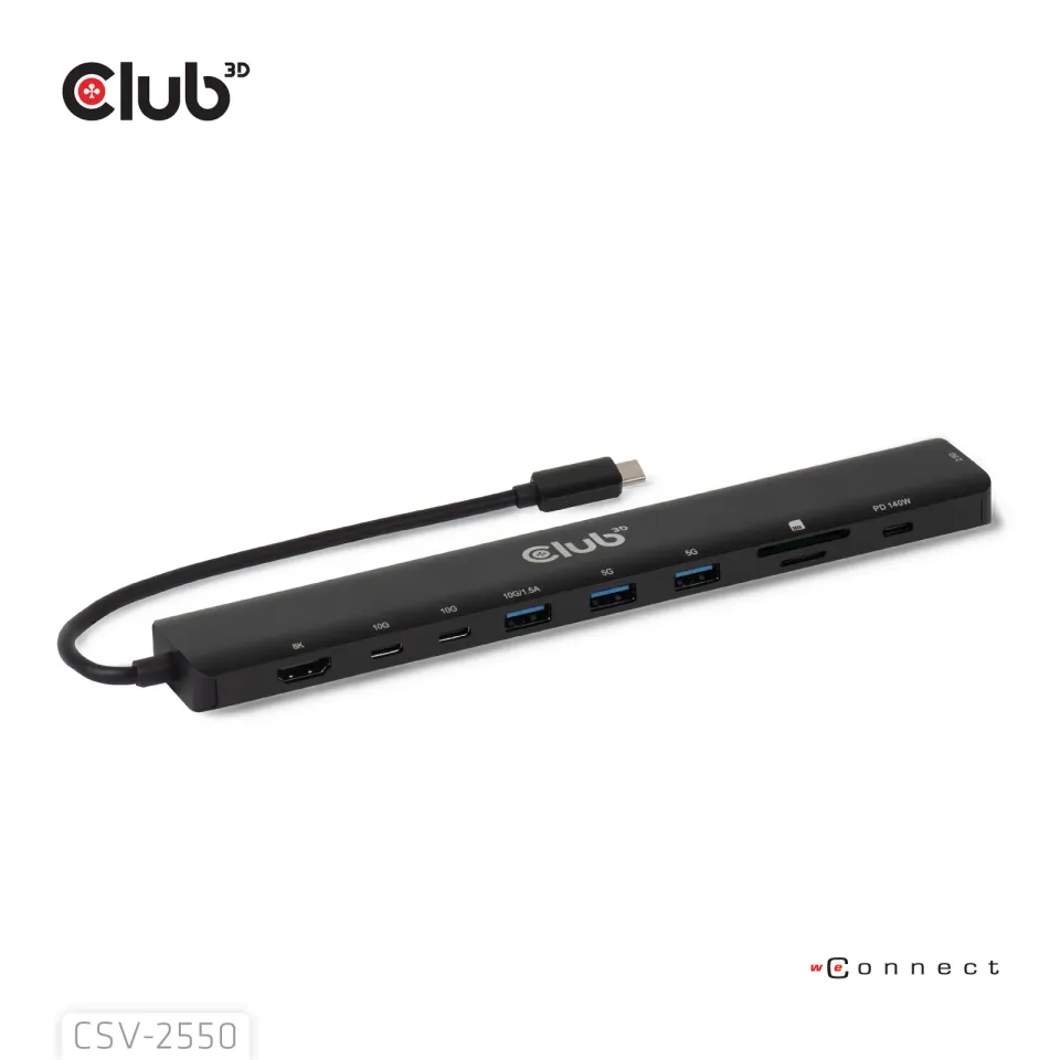 Club3D Dokovací stanice USB-C 10v1, 140W PD, 1xHDMI, 3xUSB-C, 3xUSB, 1xRJ45, černá