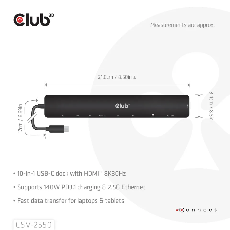 Club3D Dokovací stanice USB-C 10v1, 140W PD, 1xHDMI, 3xUSB-C, 3xUSB, 1xRJ45, černá