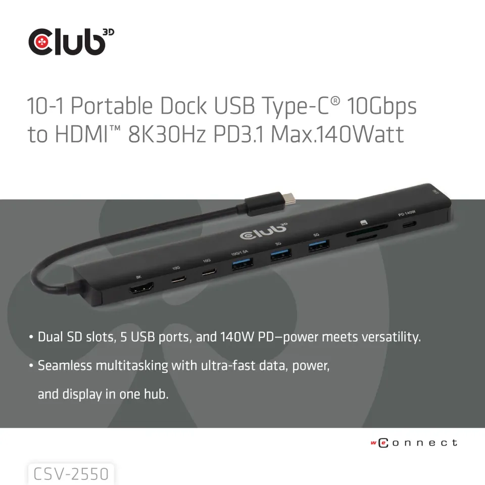 Club3D Dokovací stanice USB-C 10v1, 140W PD, 1xHDMI, 3xUSB-C, 3xUSB, 1xRJ45, černá