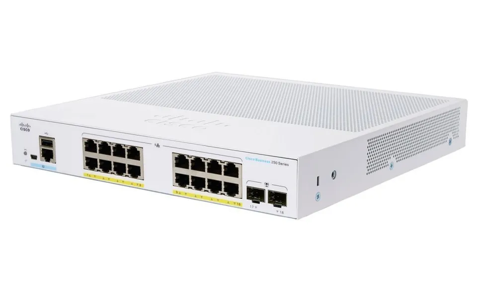 Cisco switch CBS250-16P-2G (16xGbE,2xSFP,16xPoE+,120W,fanless)
