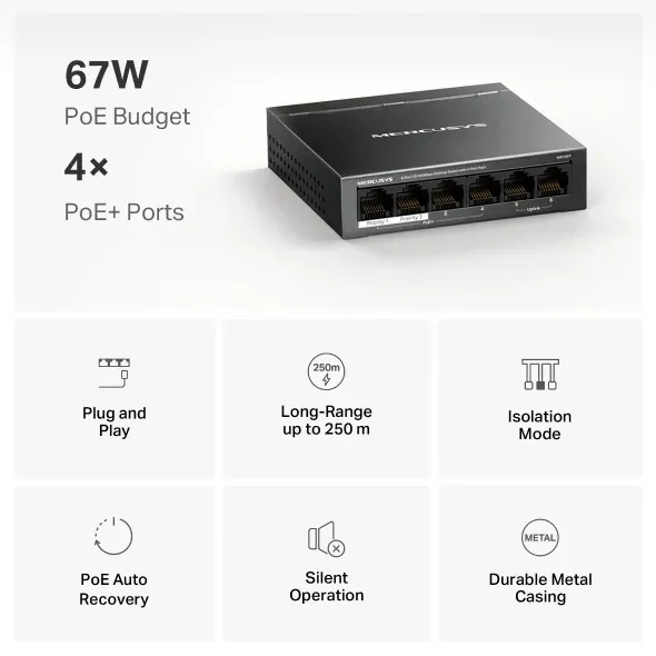 Mercusys MS106P 6portový stolní switch 10/100 Mb/s se 4 porty PoE+