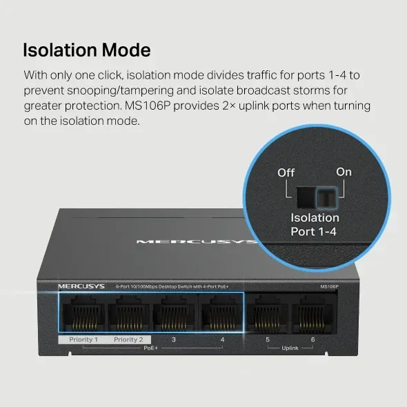 Mercusys MS106P 6portový stolní switch 10/100 Mb/s se 4 porty PoE+