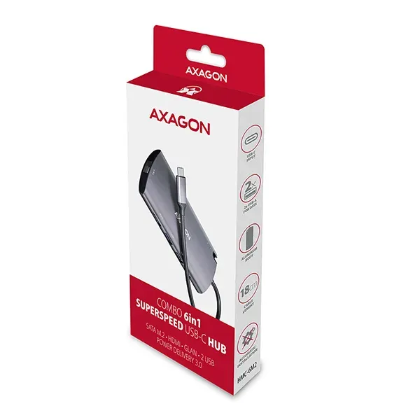 AXAGON HMC-6M2, USB 3.2 Gen 1 hub, porty 2x USB-A, HDMI, RJ-45 GLAN, SATA M.2 sl