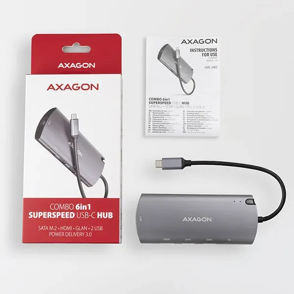 AXAGON HMC-6M2, USB 3.2 Gen 1 hub, porty 2x USB-A, HDMI, RJ-45 GLAN, SATA M.2 sl