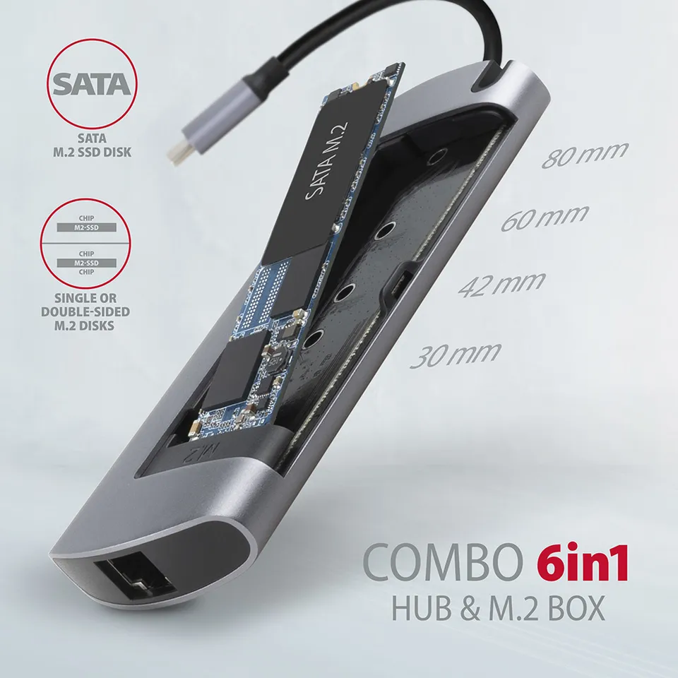 AXAGON HMC-6M2, USB 3.2 Gen 1 hub, porty 2x USB-A, HDMI, RJ-45 GLAN, SATA M.2 sl
